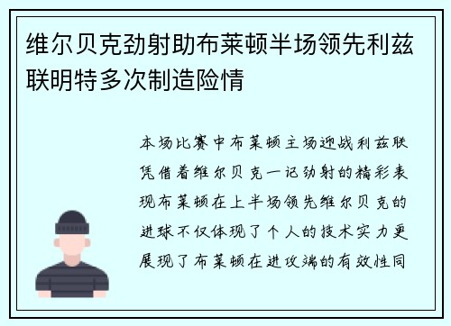 维尔贝克劲射助布莱顿半场领先利兹联明特多次制造险情